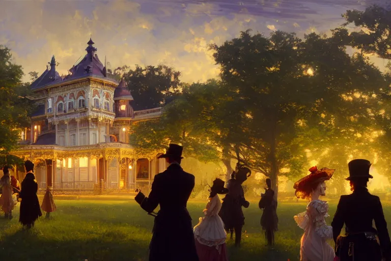 Image similar to an ornate victorian palace, party in front, scene in an open field. 1 8 9 0, key visual, conceptart, ambient lighting, highly detailed, digital painting, artstation, concept art, sharp focus, by makoto shinkai and akihiko yoshida and greg manchess