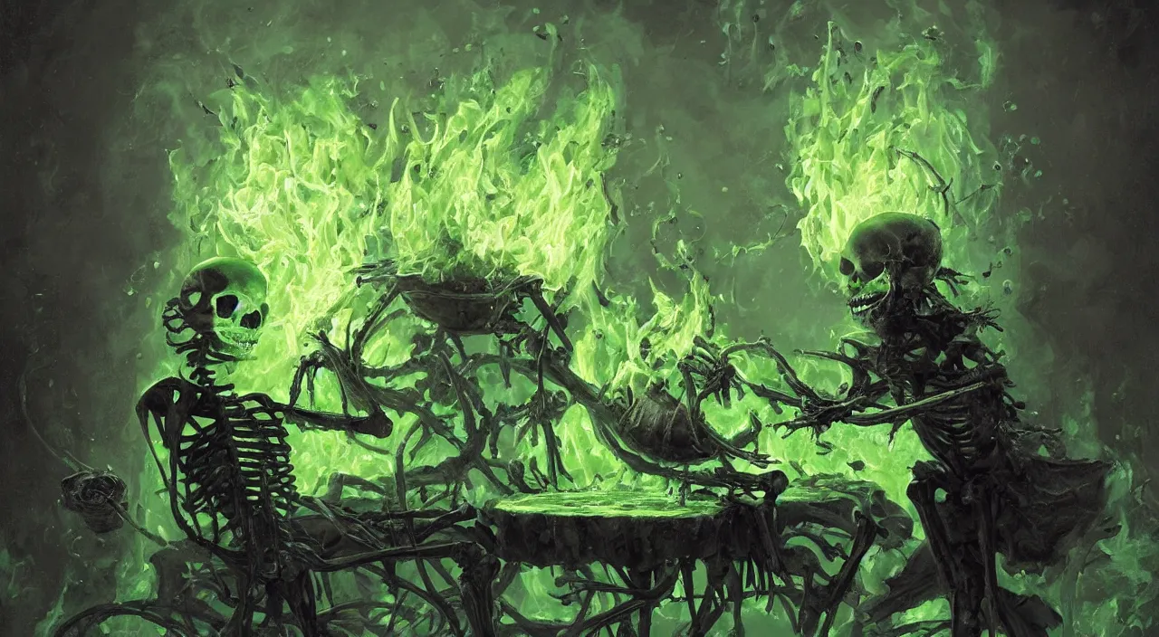 Image similar to A highly detailed oil painting by Greg Rutkowski of a skeleton wearing black robes making a potion in a huge bubbling cauldron glowing bright green, with lots of fire coming from it, highly detailed fantasy concept artwork, very realistic, green and black color scheme.