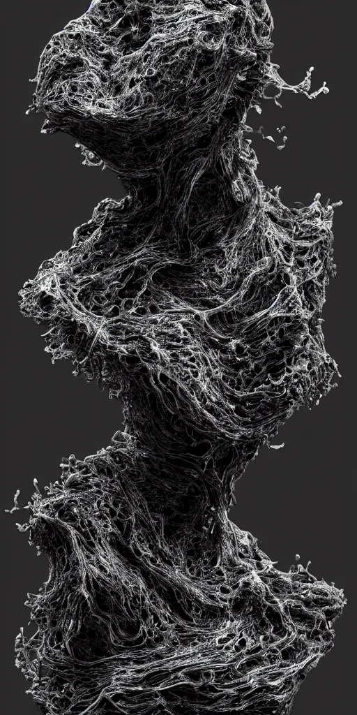 Image similar to a photorealistic render of a topographic sculpture made of melted metal and bioluminescent beings on a black background, c 4 d, by zhelong xu ouchh studio and ernst haeckel, wide angle, hyper realistic, plain black background, 8 k, volumetric lightning, octane render