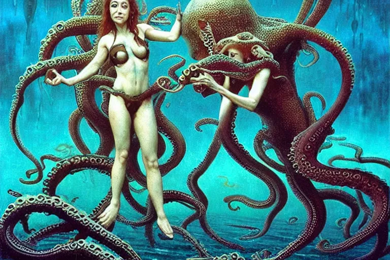 Image similar to cute young alyson hannigan with short hairs in lovecraftian underwater realm fights with octopus by jean delville by luis royo and wayne barlowe, beksinski