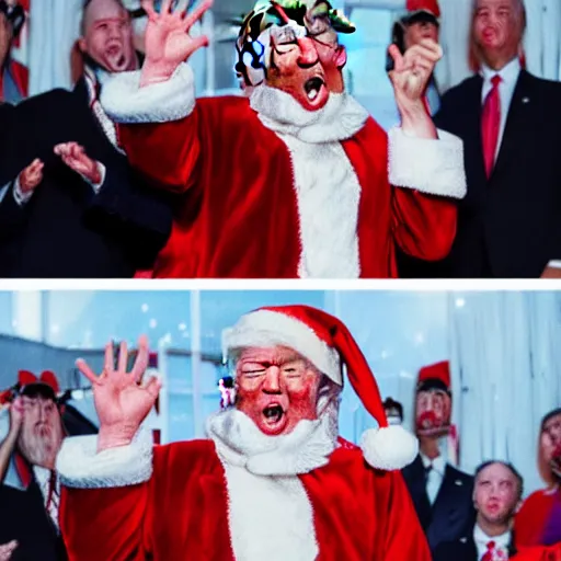 Image similar to trump as a drunk and disheveled mall santa claus screaming incoherent political lies at children, paparazzi photo, highly detailed, high definition, ultra realistic