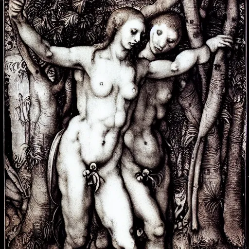 Prompt: adam and eve by albrecht durer