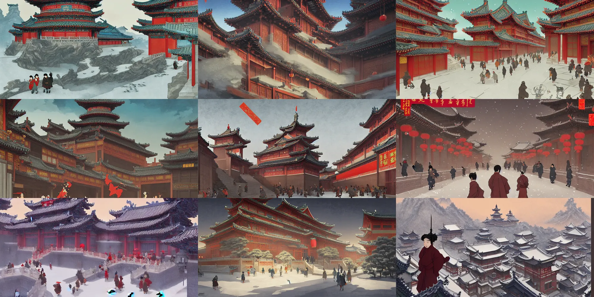 Prompt: ming dynasty, city, winter, in the style of studio ghibli, j. c. leyendecker, greg rutkowski, artem