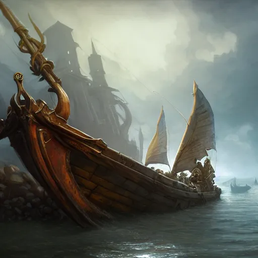 Image similar to D&D medieval fantasy boat ship, Uncharted concept art, naval background, wide angle shot, highly detailed, magic the gathering, fantasy, digital painting, artstation, concept art, smooth, sharp focus, illustration, award-winning 4k art by artgerm and greg rutkowski and alphonse mucha