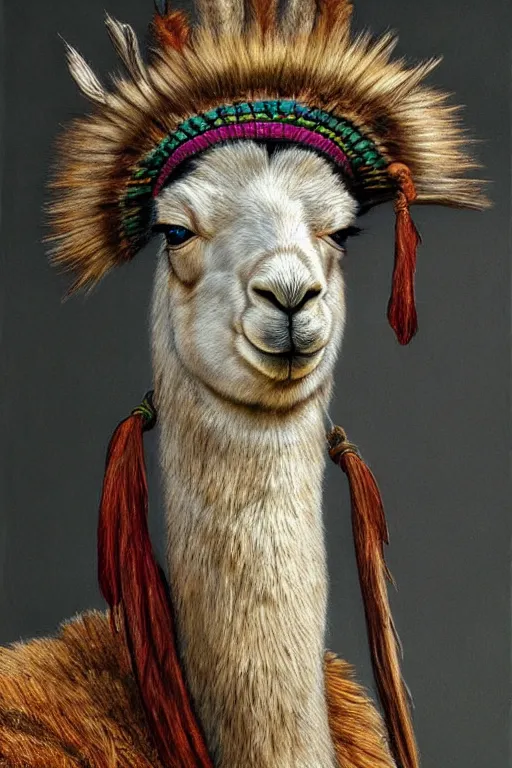 Prompt: hyperrealism close-up portrait llama in War bonnet in style of da Vinci