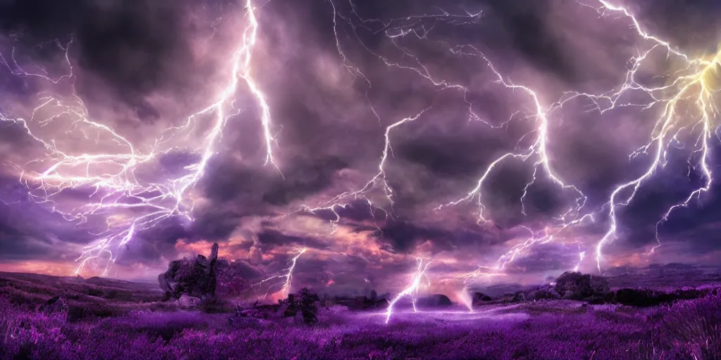 Image similar to a purple wizard casting spells and yellow thunders hdri dramatic sky with intricated spells and stormcloud glimpses of flares and beams airbrush tones