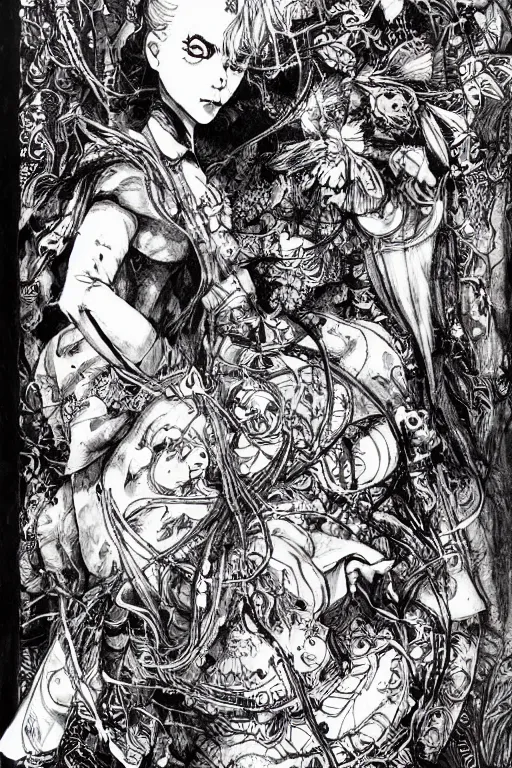 Image similar to Psycho Alice in wonderland tarot card , pen and ink, intricate line drawings, by Yoshitaka Amano, Ruan Jia, Kentaro Miura, Artgerm, watercolor