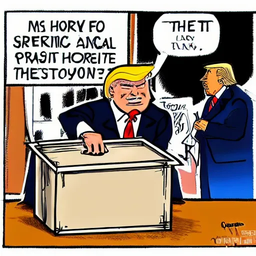 Prompt: trump sneaking out of the white house holding a box labeled top secret, political cartoon by ben garrison