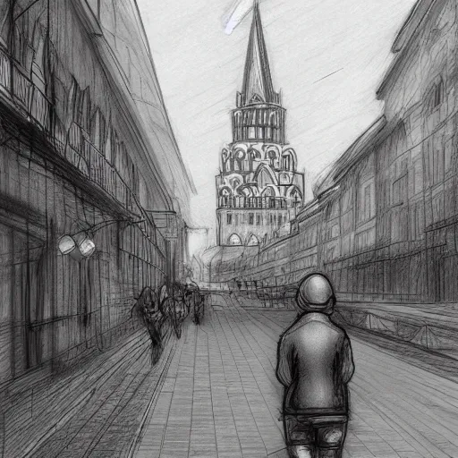 Prompt: a sketch drawn by a little man walking along the arbat, the sun is shining, the kremlin is visible by gabo mendoza, trending on artstation