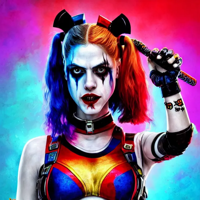 Image similar to portrait of alexandra daddario as a harley quinn in suicide squad. intricate abstract. intricate artwork. by tooth wu, wlop, beeple, dan mumford. octane render, trending on artstation, greg rutkowski very coherent symmetrical artwork. cinematic, hyper realism, high detail, octane render, 8 k, iridescent accents