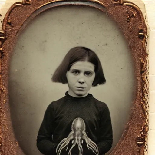 Prompt: tintype photo of a creepy girl holding a squid with a burning barn in the background