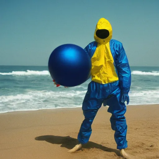 Prompt: a man wearing a hazmat suit holding a beachball, on the beach, film still, arriflex 35