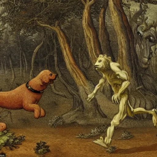 Prompt: a monster with head of a human and body of a dog running through the forest, trees looking like pommes