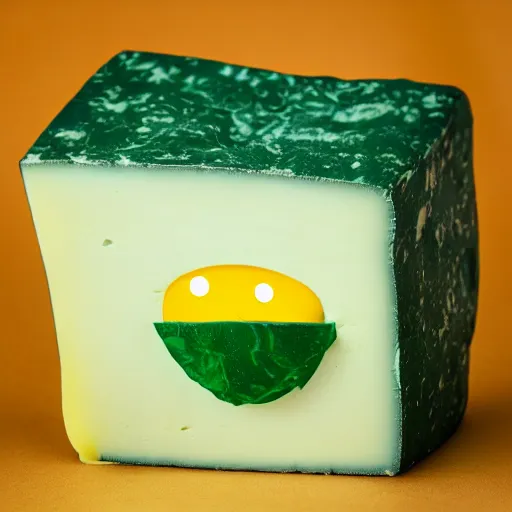 Prompt: a block of cheese with eyes and a mouth and stank coming from its body in the form of green stink