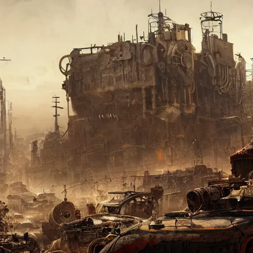 Image similar to highly detailed painting of postapo steampunk rusty city in the middle of wasteland in Mad Max style by Daniel Dociu and Greg Rutkowski trending on Artstation, 4K, high quality