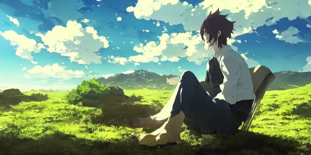 Prompt: walter white sitting down anime style, countryside, calm, fantasy character portrait, dark outlines, dynamic pose, above view, sunny day, artwork by makoto shinkai, very coherent asymmetrical artwork, sharp edges, perfect face, simple form, 1 0 0 mm, wallpaper