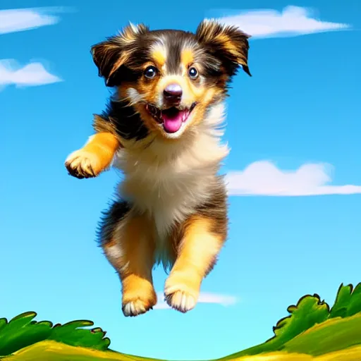 Prompt: children's book style digital painting of an Australian Shepherd puppy jumping in the air to catch a frisbee, very cute