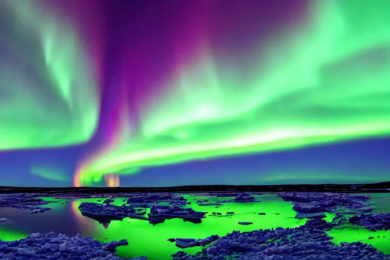 Prompt: a ( vibrant ) aurora over a dark arctic landscape