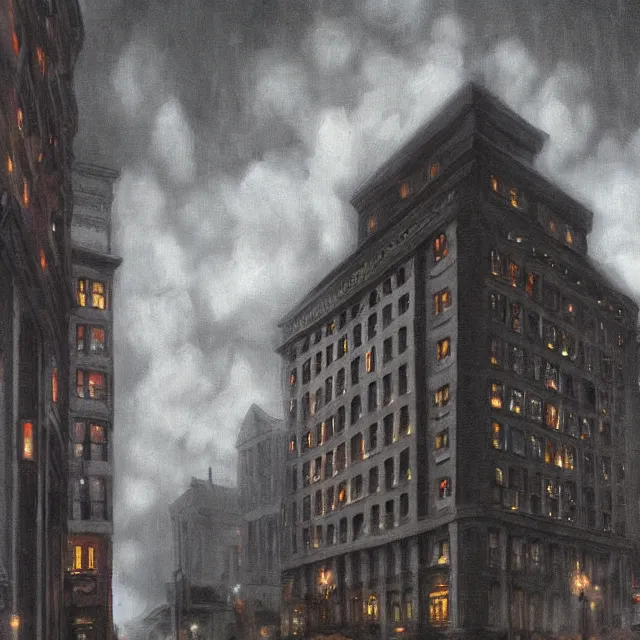 Image similar to ultra - realistic painting gothic 1 9 2 0 s 1 0 - storey hotel in downtown boston overlooking a dark street against a horrifying cosmic sky, atmospheric lighting, gloomy, foreboding