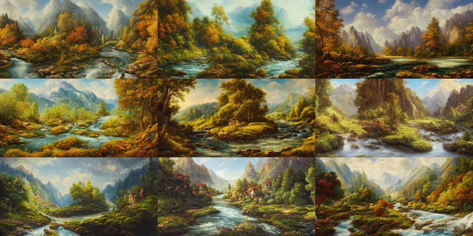 Prompt: a beautiful landscape painting of a fairy tale valley with a river, oil on canvas, highly detailed, hd, 4 k