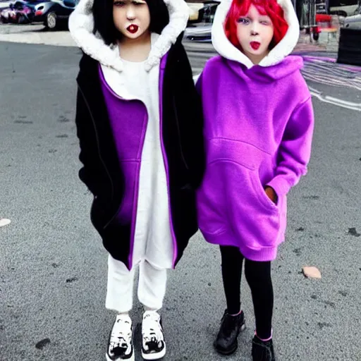 Image similar to two girls, a girl with short white hair and polar bear ears wearing an open black coat, another girl with long black hair wearinga purple hoodie with red eyes