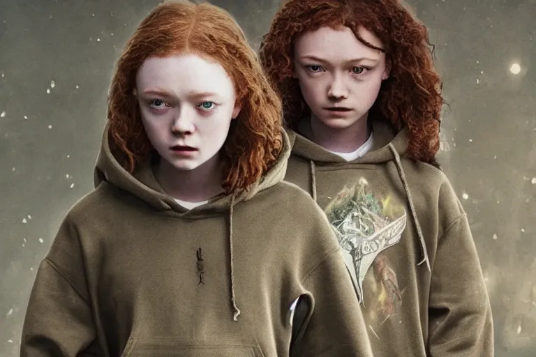 Image similar to sadie sink in a hoodie : runs fast. cyborg behind : runs fast. dirt, fantasy, soviet dystopian art by ayami kojima, vasnetsov, cedric peyravernay