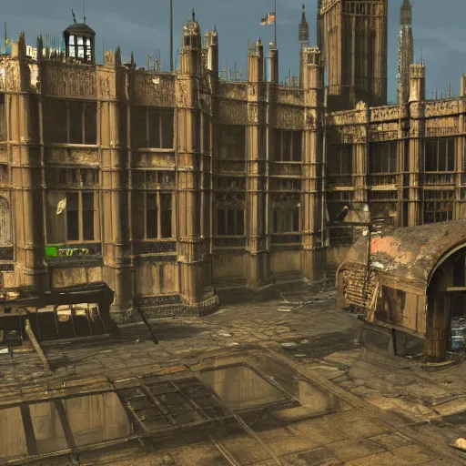 Image similar to Houses of Parliament, London in ruins post-nuclear war in Fallout 4, in game screenshot