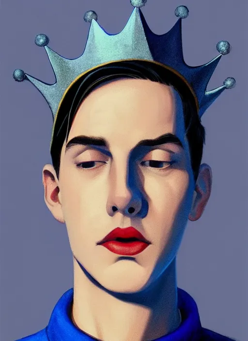 Image similar to portrait of teenage jughead jones wearing a light grey crown, crown, blue turtleneck, 1 9 5 0 s, closed eyes, photorealistic, black hair, glowing lighting, intricate, elegant, glowing lights, highly detailed, digital painting, artstation, concept art, smooth, sharp focus, illustration, art by wlop, mars ravelo and greg rutkowski