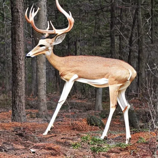 Prompt: a slender bipedal creature with a deer skull for a head and antlers