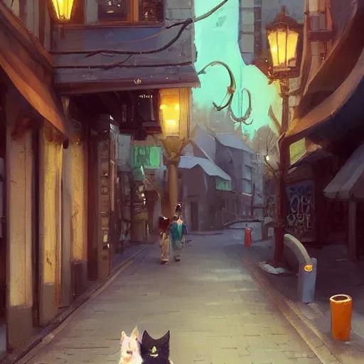 Image similar to 2 cats walking down the street with their tails curled together, surreal background, very cute digital art by Krenz Cushart, trending on artstation, cgsociety,