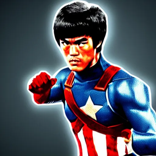 Prompt: Bruce Lee as Captain America realistic HD