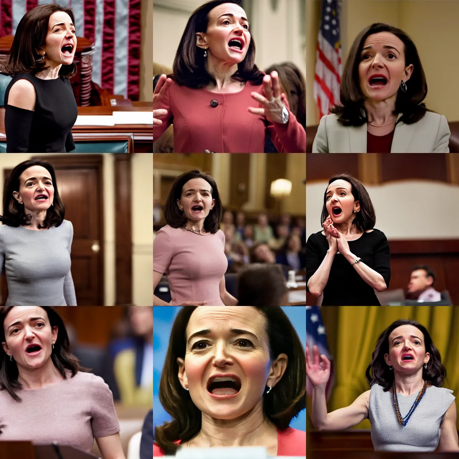 Prompt: Movie still of Sheryl Sandberg standing up and screaming at Congress in Facebook The Movie (2017), directed by Steven Spielberg