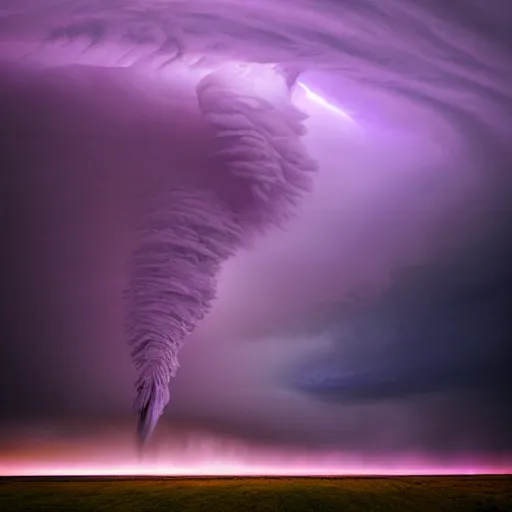 Image similar to amazing photo of purple clouds in the shape of a tornado by marc adamus, digital art, beautiful dramatic lighting