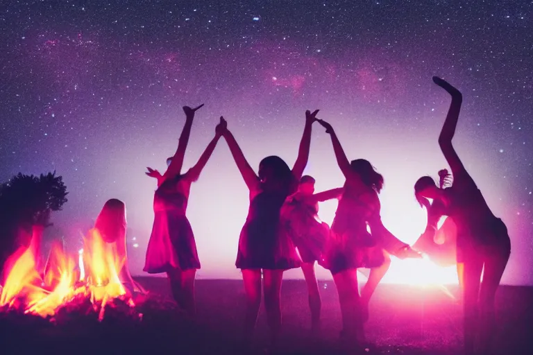 Image similar to blured shadows of dancing young women on pink light, close-up, focused background blue night sky with stars and orange campfire, polaroid photo