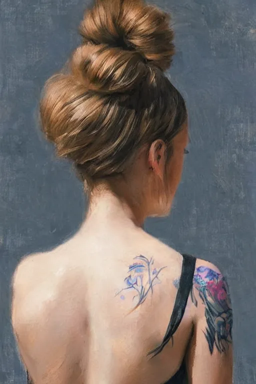 Prompt: girl with messy bun hairstyle, strapless top, back view,!!!!! tattoo sleeve!!!!! jeremy lipking, joseph todorovitch