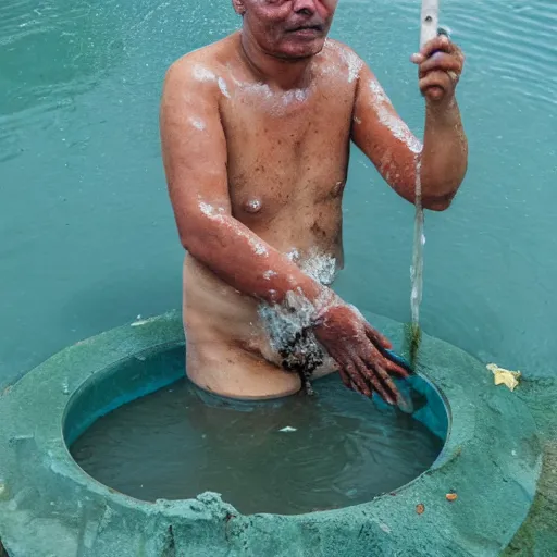 Prompt: a person bathing in sewage, portrait photograph