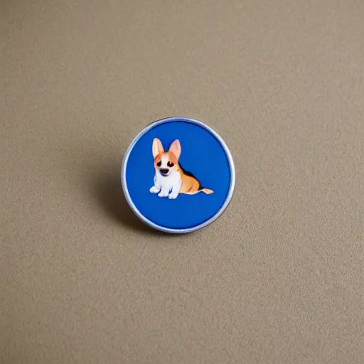 Prompt: corgi puppy enamel pin, blue cloth background, soft lighting, sharp focus