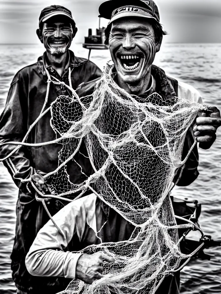 Prompt: an imperfect journalistic portrait of a mecha fisherman, after he has caught a truly enormous frankfurter in his net. he grins proudly, baring his gargantuan razor sharp teeth like blades of a professional food processor