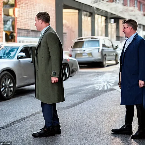 Image similar to the chubby clean-shaven white man stood patiently on the lot wearing an olive green overcoat, dark gray chalk stripe three-piece suit, a blue dress shirt with white cuffs and collars, a midnight blue necktie, and a pair of dirty wheat Timberland work Boots