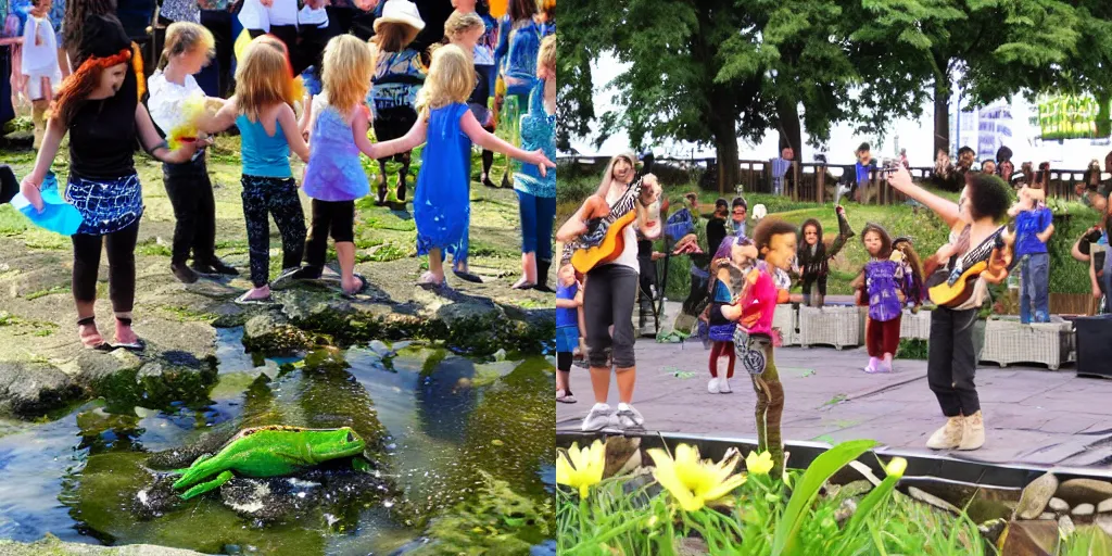 Prompt: an energetic and exciting Performance of frog rock stars in front of the pond