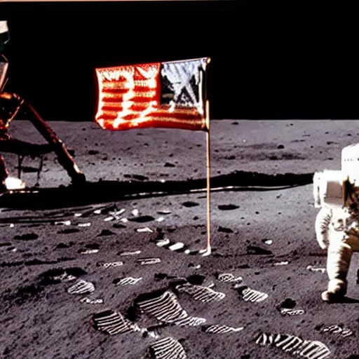 Prompt: old photo of a muppet on the moon, ( ( usa flag ) ), next to moon lander