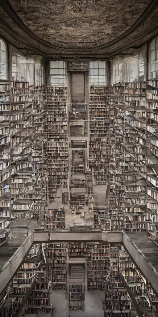 Prompt: 8 k photo of 1 0 0 0 ft concrete library filled with books, low - hanging mist, interior, lousy wiring, light shafts, hyperrealistic, highly detailed and intricate, ornate, luxury, elite, abandoned, creepy, ominous, haunting, cinematic, smoky, gothic, slender - woman in the corner. atmospheric