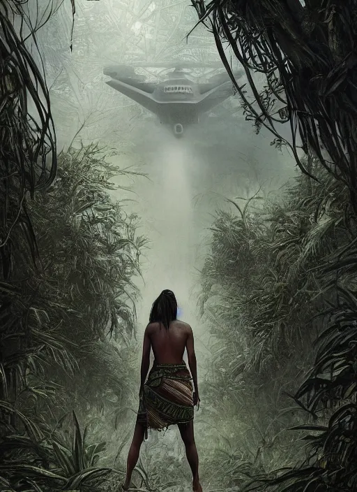 Image similar to a tribal woman from behind, in front of the aircraft carrier USS Nimitz overgrown with vegetation on the ground of a tropical forest, post appocalyptic, by Luis Royo, by Greg Rutkowski, dark, gritty, intricate, backlit, strong rim light, cover illustration, concept art, volumetric lighting, volumetric atmosphere, sharp focus, octane render, trending on artstation, 8k