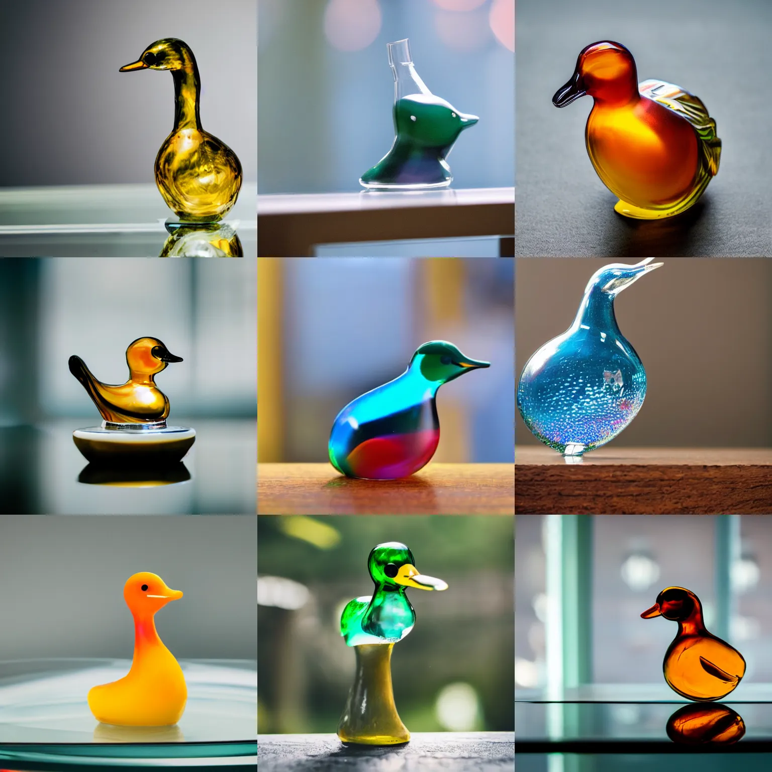 Prompt: a close up photo of a glass duck on a table, visible background, professional photography