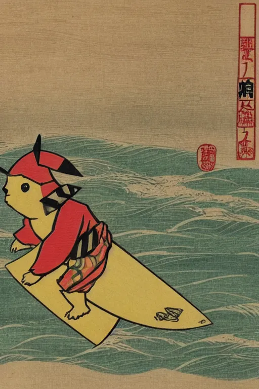 Image similar to surfing Pikachu, ukiyo Japanese woodblock print