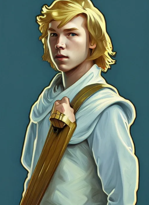 Prompt: oil portrait of finn the human, intricate, elegant, highly detailed, lighting, painting, artstation, smooth, illustration, art by greg rutowski and alphonse mucha
