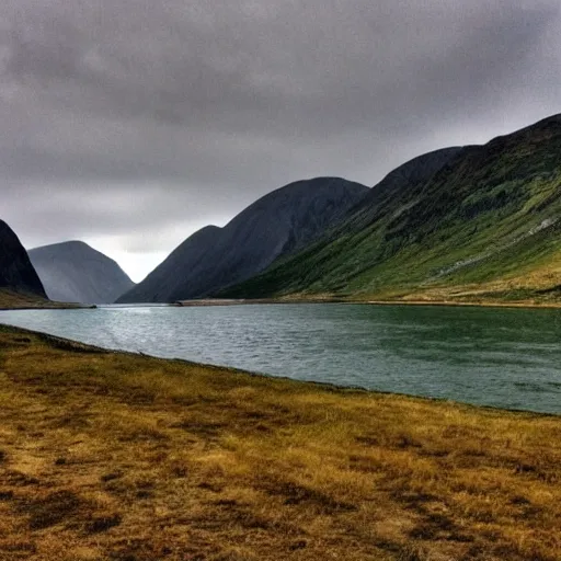 Image similar to a fjord in kazakhstan with a large satanic damn at the end of it. grainy, surreal, overcast sky.