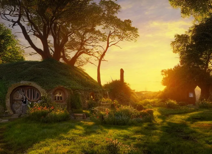 Prompt: sunrise, spring, hobbit's house, shire, hobbiton landscape by levitan, masterpiece, trending on artstation, cinematic composition, beautiful lighting, sharp, details, hyper - detailed, hd