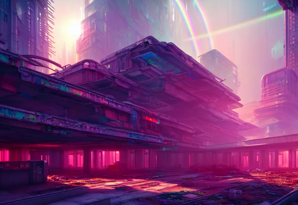 Image similar to A highly detailed crisp unreal engine render of A beautiful futuristic cyberpunk abandoned city building with neon like plants, perfect well made rainbow on the sky, sunlight breaking through clouds, debris on the ground, abandoned machines by wangchen-cg, 王琛,Neil blevins, artstation