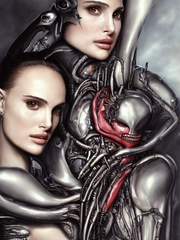 Prompt: a beautiful portrait of natalie portman with a xenomorph alien queen by h.r. giger, detailed, proportional, trending on art station, 4k